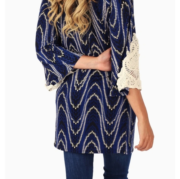 Blue Black Printed Crochet Sleeve Maternity Top - Picture 3 of 4